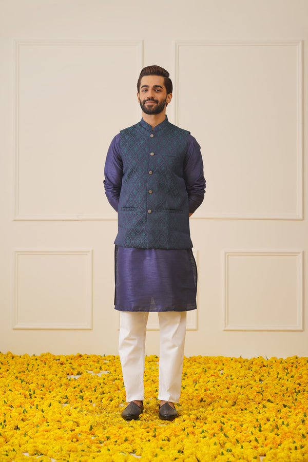 Men Navy Blue Solid Kurta Pyjama with  Green Woven Design Nehru Jacket