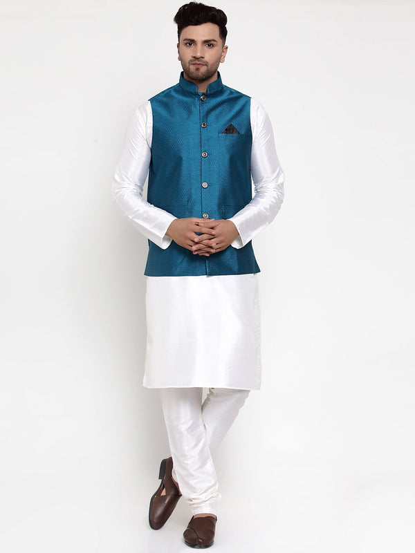 Jashvi Men's Solid Dupion Kurta Pajama with Woven Nehru Jacket