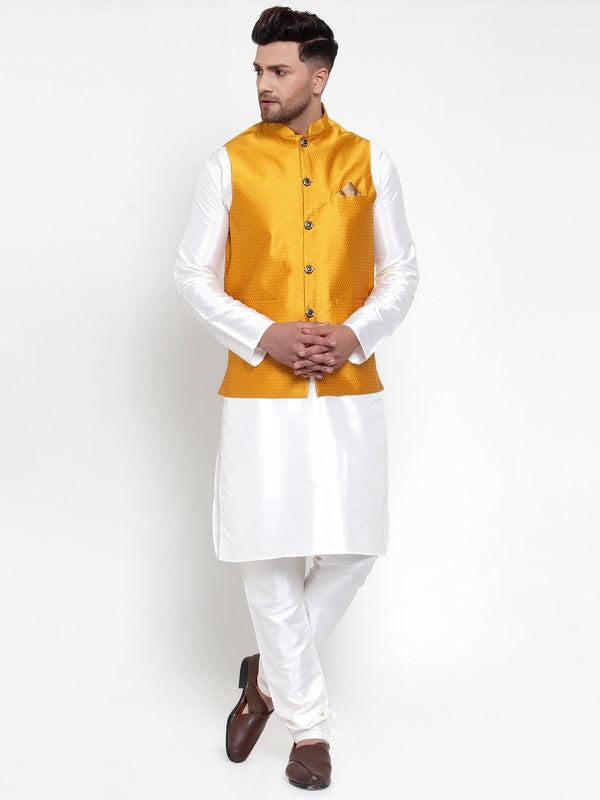 Jashvi Men's Solid Dupion Kurta Pajama with Woven Nehru Jacket