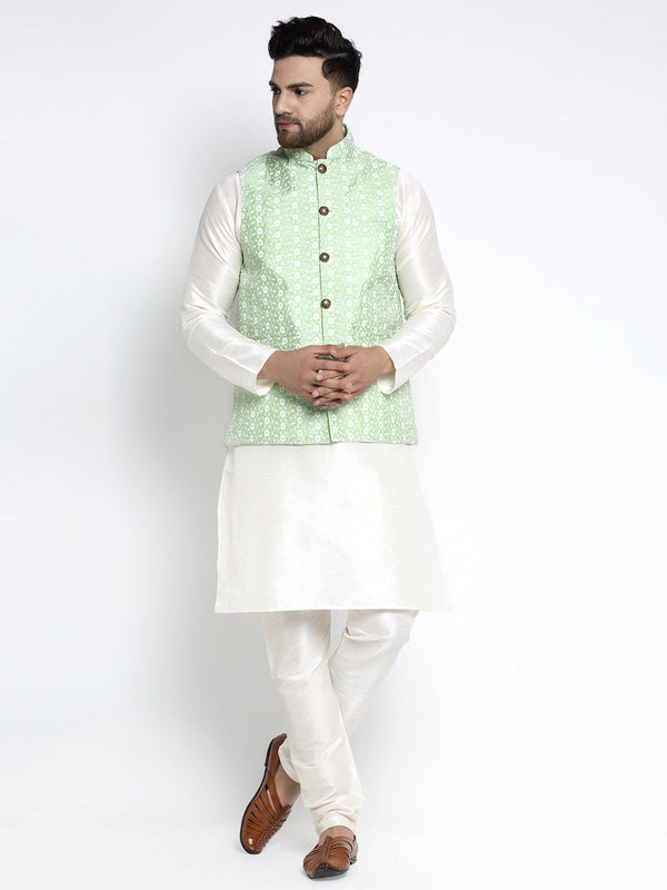 Men's Solid White Dupion Kurta Payjama with Embroidered Waistcoat ( JOKPWC OW-D 4023 Green ) - Virat Fashions