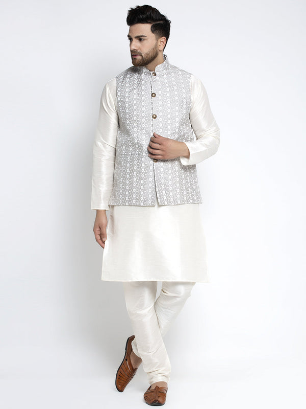 Jashvi Men's Solid White Dupion Kurta Payjama with Embroidered Waistcoat