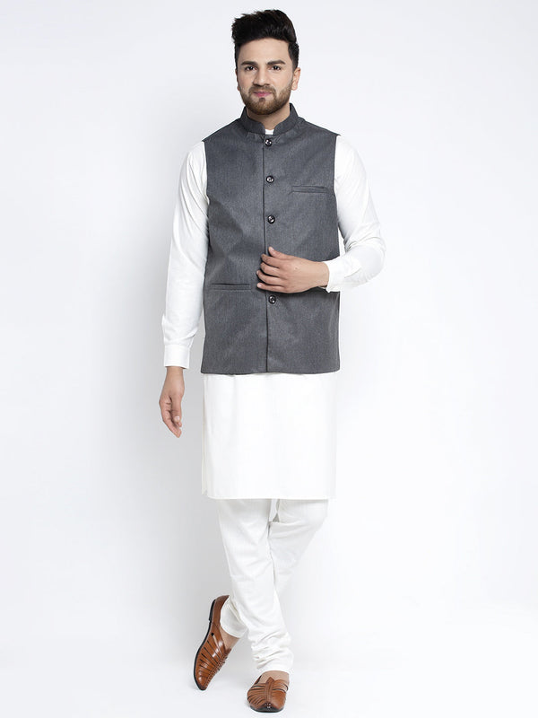 Jashvi Men's Solid White Cotton Kurta Payjama with Solid Charcoal Waistcoat