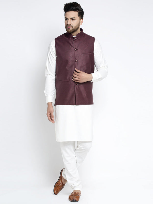 Men's Solid White Cotton Kurta Payjama with Solid Maroon Waistcoat ( JOKPWC OW-F 4021 Maroon ) - Virat Fashions