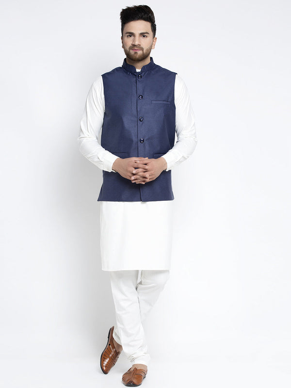 Jashvi Men's Solid White Cotton Kurta Payjama with Solid Navy Waistcoat