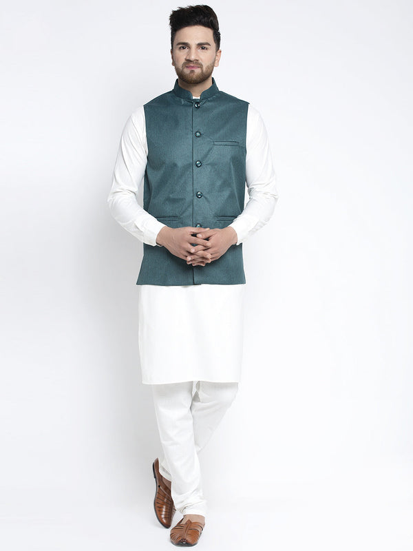 Men's Solid White Cotton Kurta Payjama with Solid Teal Waistcoat ( JOKPWC OW-F 4021 Teal ) - Virat Fashions