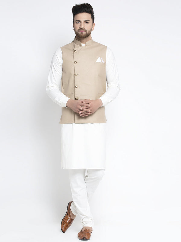 Jashvi Men's Solid White Cotton Kurta Payjama with Geometric Waistcoat