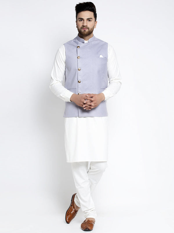 Jashvi Men's Solid White Cotton Kurta Payjama with Geometric Waistcoat