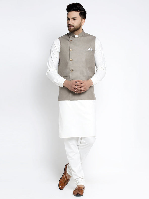 Jashvi Men's Solid White Cotton Kurta Payjama with Geometric Waistcoat