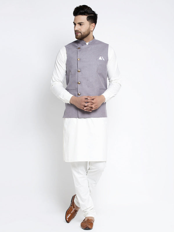 Men's Solid White Cotton Kurta Payjama with Geometric Waistcoat ( JOKPWC OW-F 4022 Purple ) - Virat Fashions