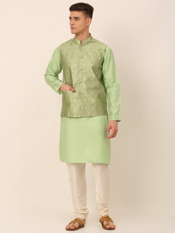 Men's Woven Design Nehru Jacket and Kurta Pyjama Set