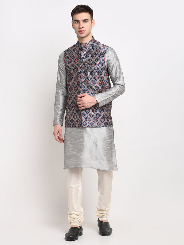 Men's Silver Dupion Silk Kurta with Churidar & Nehru Jacket ( JOKPWC S-D 4025Grey ) - Virat Fashions