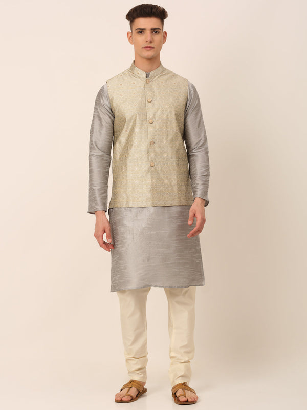 Men's Woven Design Nehru Jacket and Kurta Pyjama Set