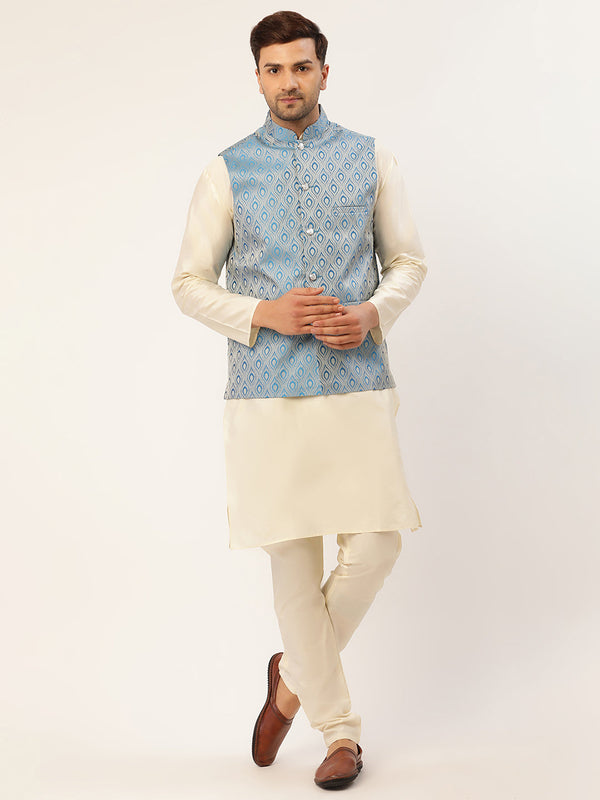 Men's Woven Design Nehru Jacket and Kurta Pyjama Set