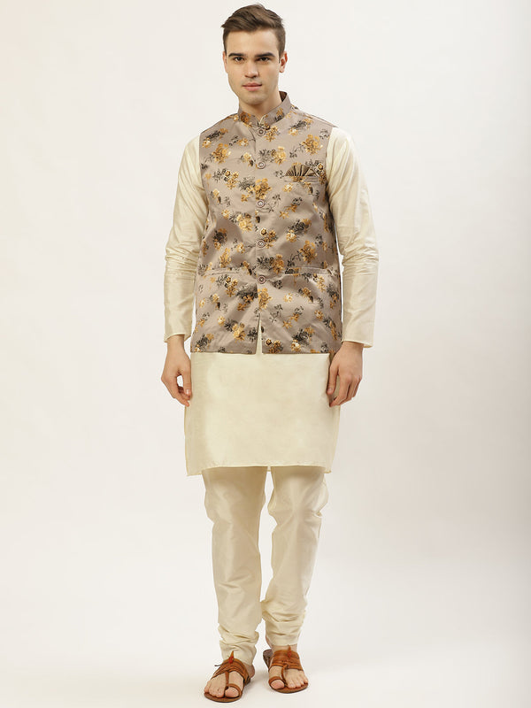 Men's Floral Printed Nehru Jacket and Kurta Pyjama Set