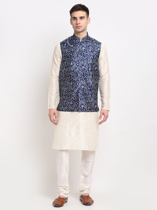 Jashvi Men's Off-white Dupion Silk Kurta with Churidar & Nehru Jacket