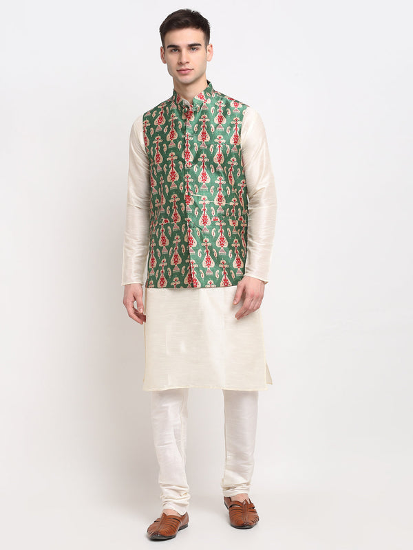 Jashvi Men's Off-white Dupion Silk Kurta with Churidar & Nehru Jacket