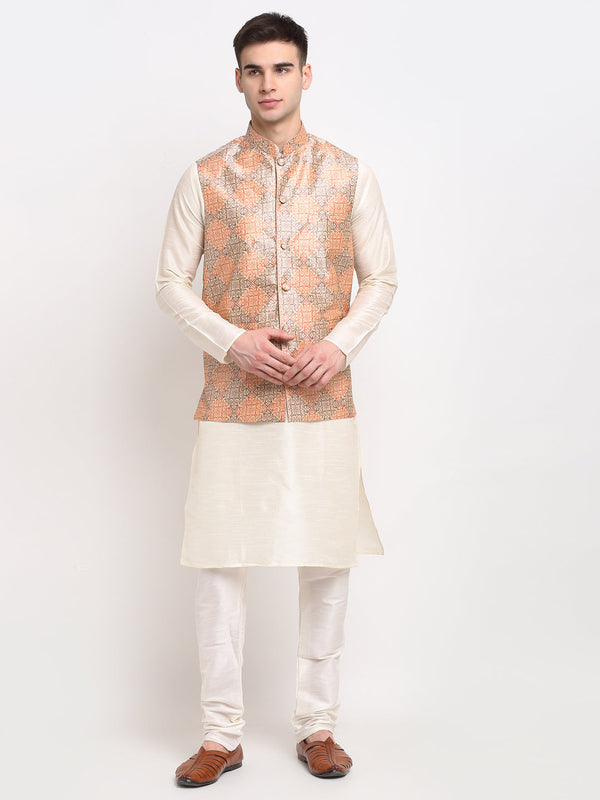 Jashvi Men's Off-white Dupion Silk Kurta with Churidar & Nehru Jacket