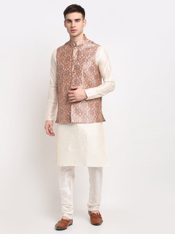 Jashvi Men's Off-white Dupion Silk Kurta with Churidar & Nehru Jacket