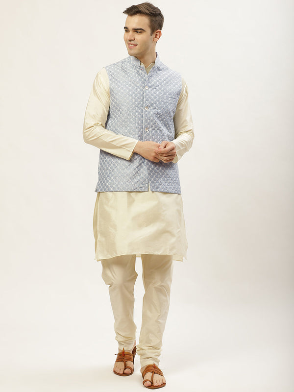 Men's Embroidered Nehru Jacket & Kurta Pyjama ( JOKPWC W-D 4029Grey ) - Virat Fashions