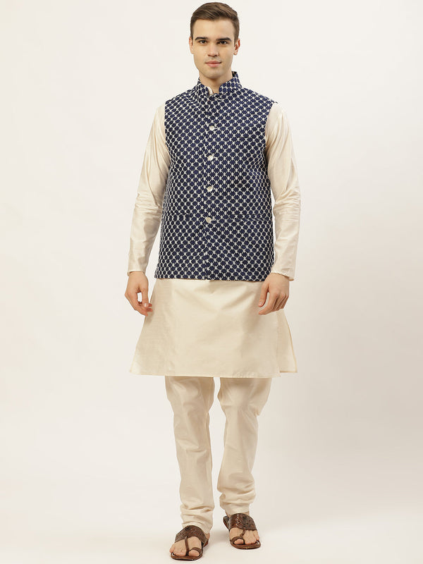 Men's Embroidered Nehru Jacket & Kurta Pyjama ( JOKPWC W-D 4029Navy ) - Virat Fashions