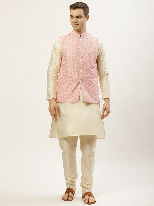 Men's Embroidered Nehru Jacket & Kurta Pyjama ( JOKPWC W-D 4029Peach ) - Virat Fashions