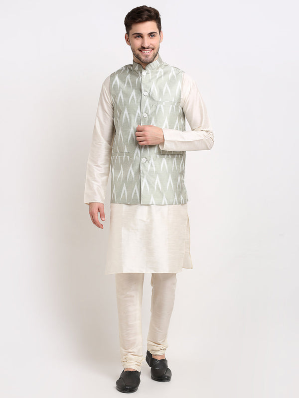 Jashvi Men's Ikat Print Nehru Jacket & Kurta Pyjama