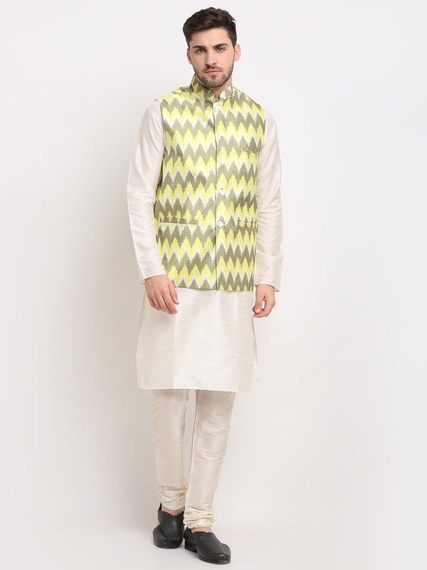 Jashvi Men's Ikat Print Nehru Jacket & Kurta Pyjama