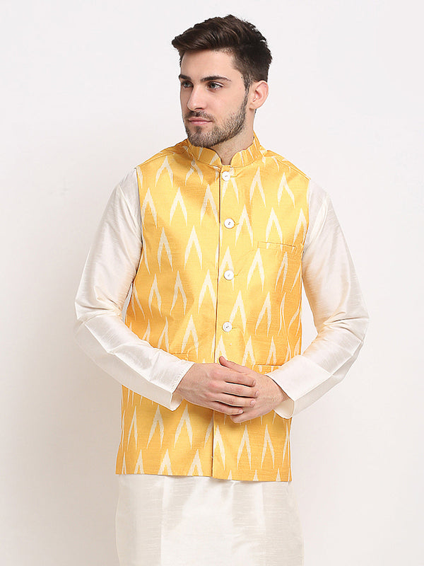 Jashvi Men's Mustard Ikat Printed Nehru Jacket