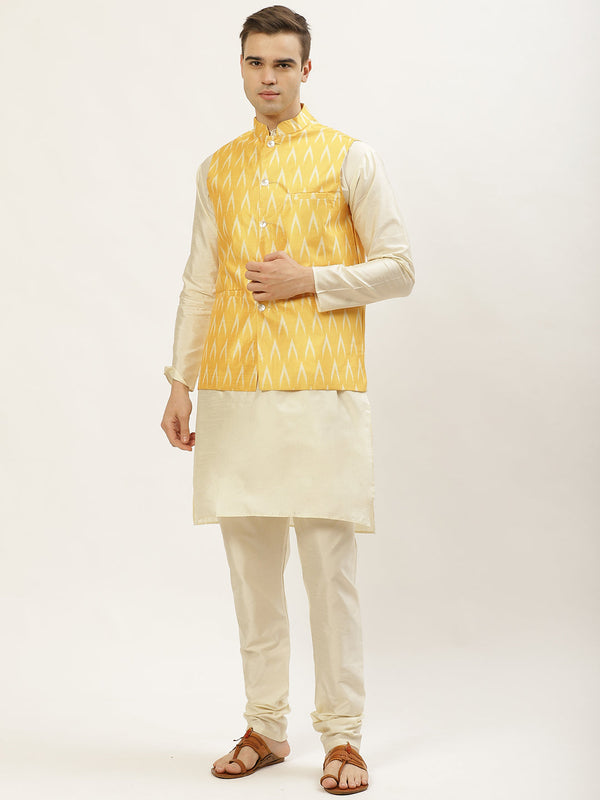 Jashvi Men's Ikat Print Nehru Jacket & Kurta Pyjama