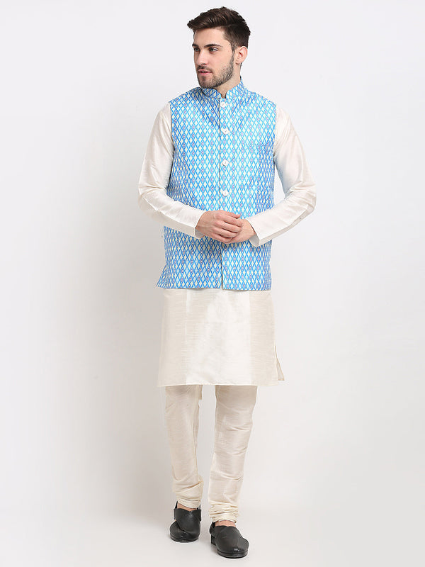 Men's Ikat Print Nehru Jacket & Kurta Pyjama ( JOKPWC W-D 4030Sky ) - Virat Fashions