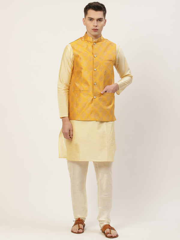 Men's Solid Kurta Pyjama With Floral Mustard Printed Nehru Jacket