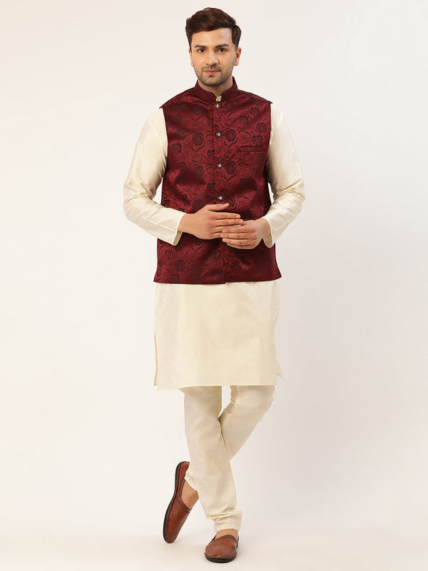 Men's Solid Kurta Pyjama With Maroon Floral Embroidered Nehru Jacket