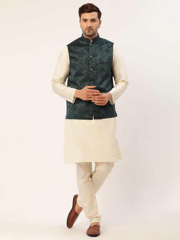 Men's Solid Kurta Pyjama With Teal Floral Embroidered Nehru Jacket