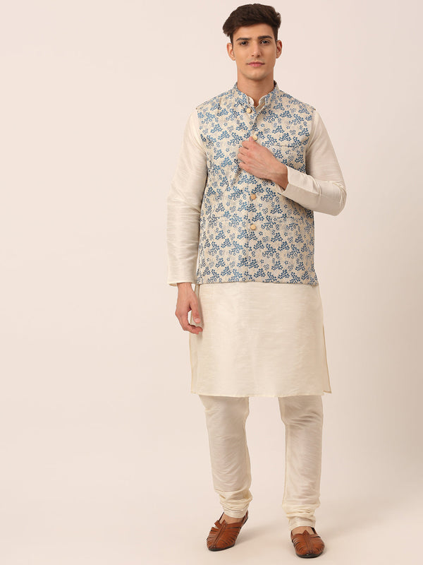 Men's Solid Kurta Pyjama With Blue Floral Embroidered Nehru Jacket