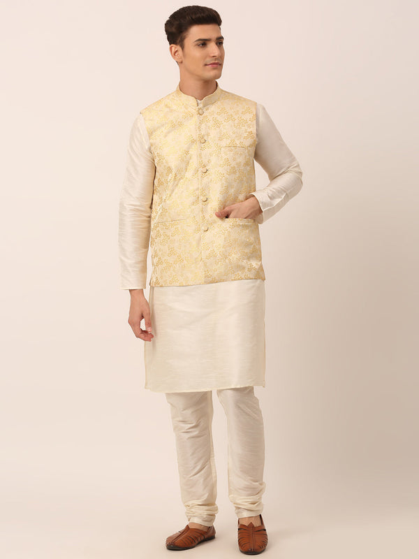 Men's Solid Kurta Pyjama With Golden Floral Embroidered Nehru Jacket