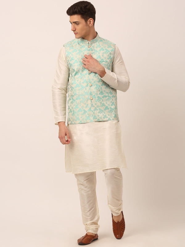 Men's Solid Kurta Pyjama With Sky Blue Floral Embroidered Nehru Jacket