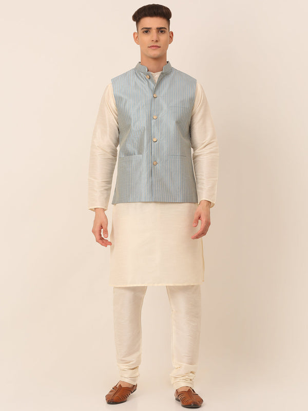 Men's Solid Kurta Pyjama With Striped Embroidered Nehru Jacket