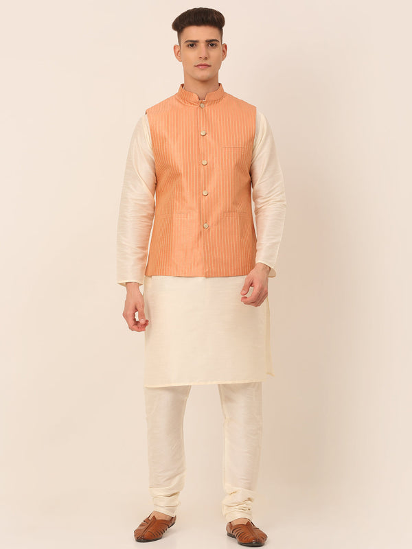 Men's Solid Kurta Pyjama With Striped Embroidered Nehru Jacket