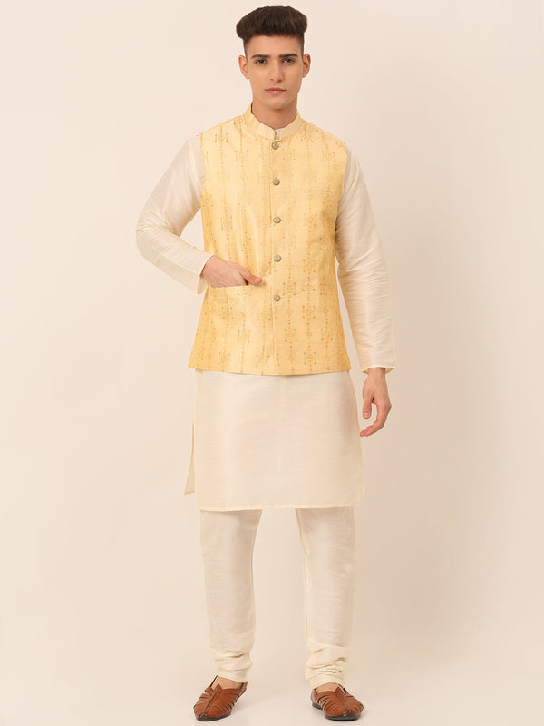 Men's Solid Dupion Silk Kurta Pyjama With Embroidered Nehru Jacket