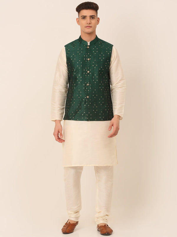 Men's Solid Dupion Silk Kurta Pyjama With Embroidered Nehru Jacket