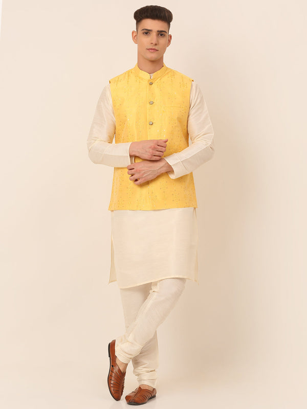 Men's Solid Dupion Silk Kurta Pyjama With Embroidered Nehru Jacket