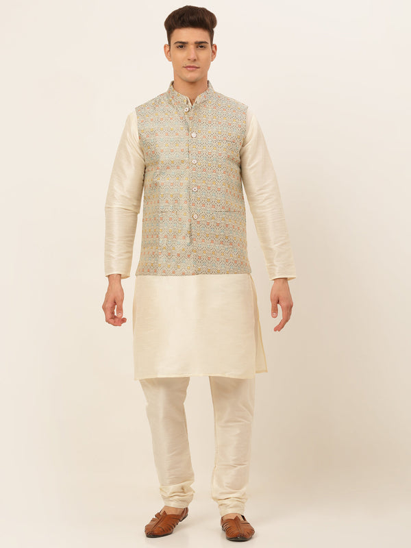 Men's Solid Kurta Pyjama With Nehru Jacket