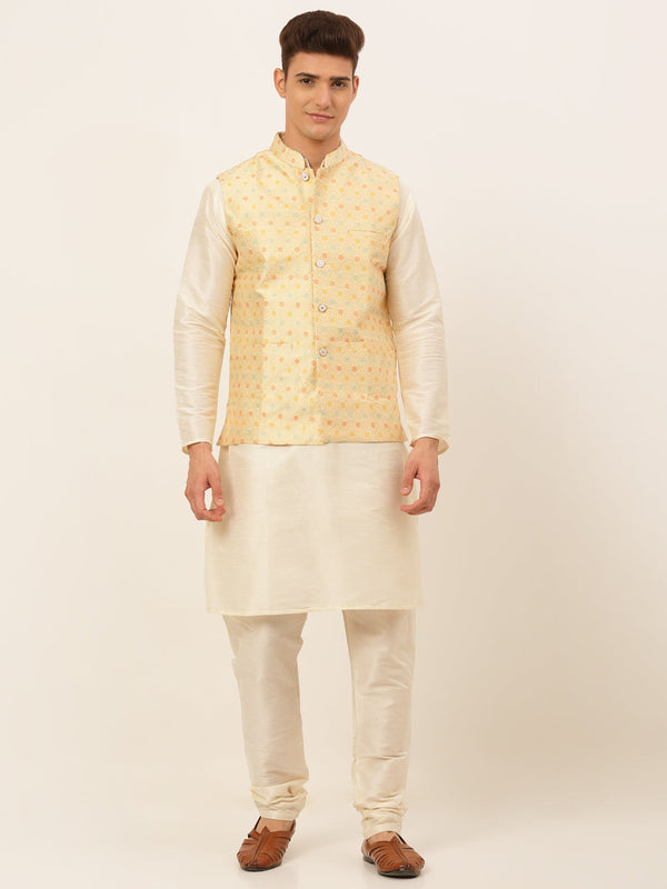 Men's Solid Kurta Pyjama With Nehru Jacket