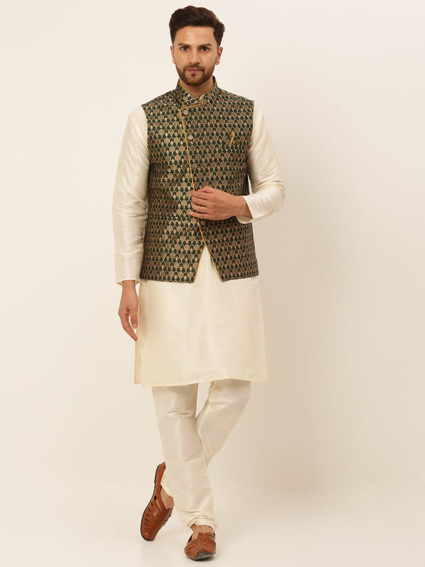 Men's Solid Kurta Pyjama With Nehru Jacket