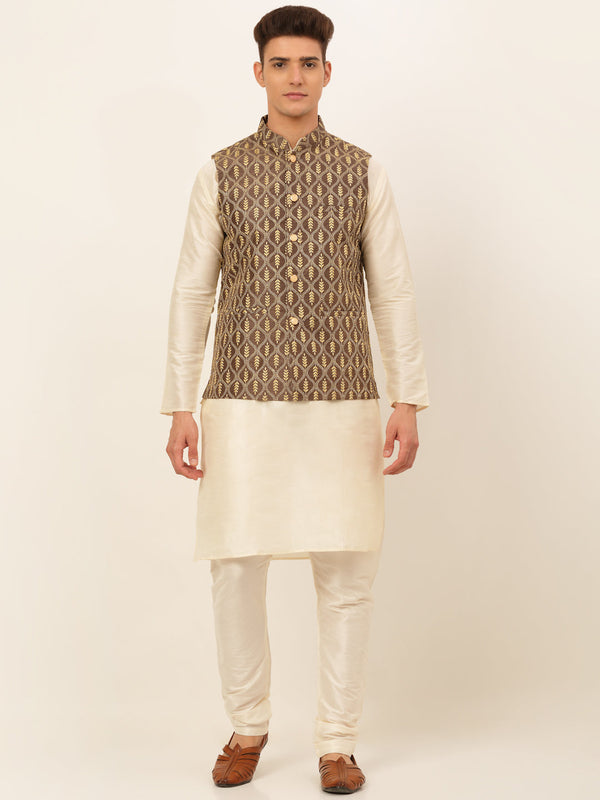 Men's Solid Kurta Pyjama With Nehru Jacket