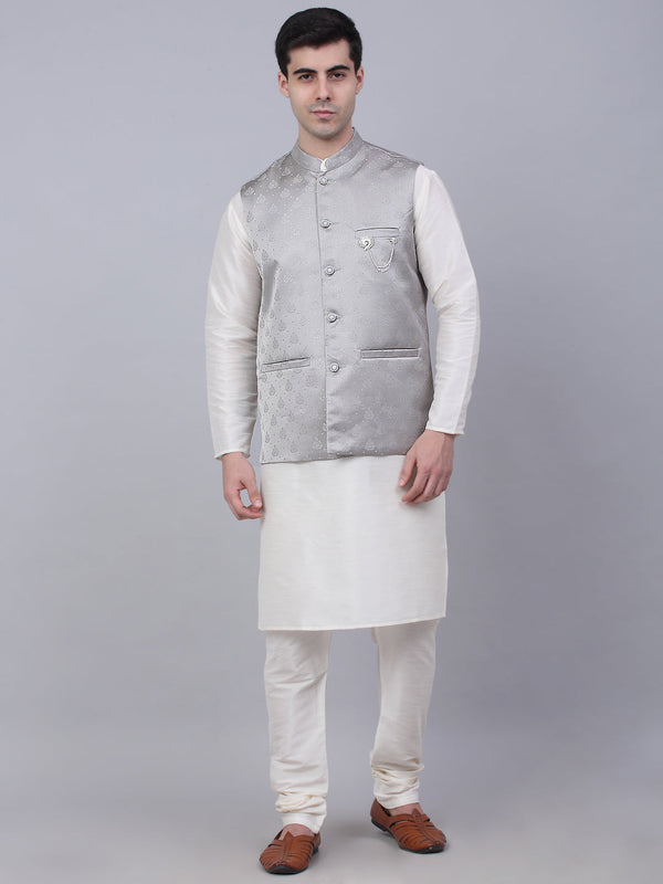 Men's Solid Kurta Pyjama With Woven Design Nehru Jacket