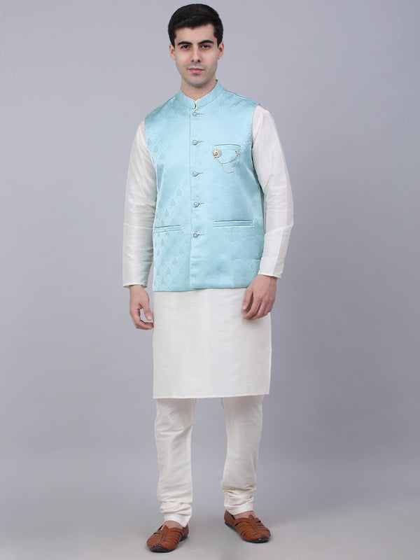 Men's Solid Kurta Pyjama With Woven Design Nehru Jacket