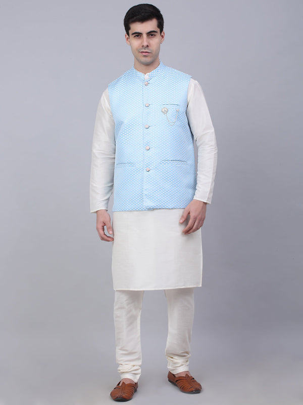 Men's Solid Kurta Pyjama With Woven Design Nehru Jacket