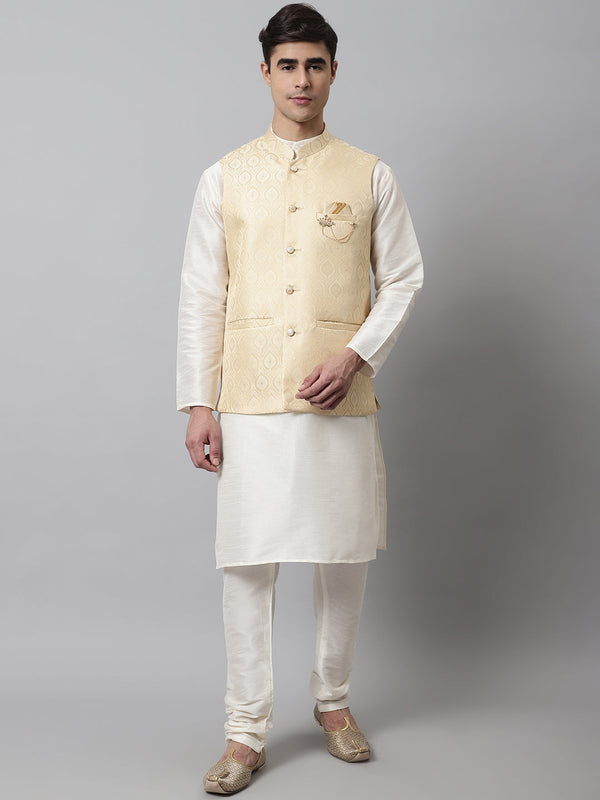 Men Off White Solid Kurta Pyjama with Golden Woven Design Nehru Jacket