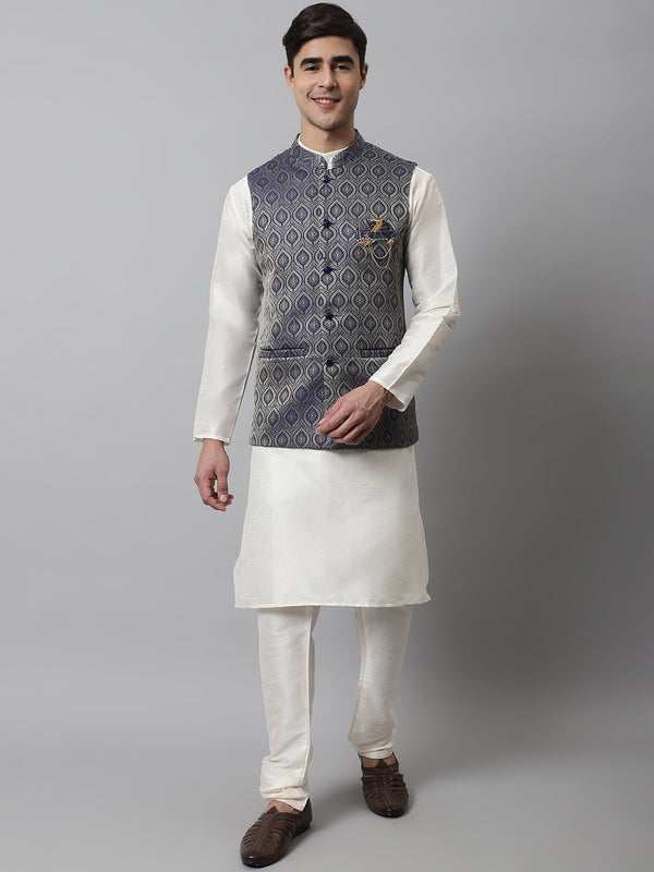 Men Off White Solid Kurta Pyjama with Navy Blue Woven Design Nehru Jacket